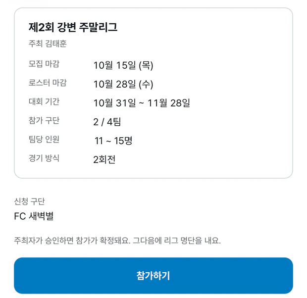 리그 신청 화면. 제2회 강변 주말리그, 주최 김태훈, 모집 마감 10월 15일, 로스터 마감 10월 28일, 대회 기간 10월 31일부터 11월 28일, 참가 구단 2 / 4팀, 팀당 인원 11 ~ 15명, 경기 방식 2회전. 아래에 신청 구단 FC 새벽별과 주최자가 승인하면 참가가 확정돼요 안내, 파란 참가하기 버튼이 있다