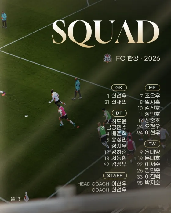 스쿼드 카드. 워밍업하는 구장 사진 위에 SQUAD, FC 한강 · 2026, GK · DF · MF · FW · STAFF별 등번호와 이름